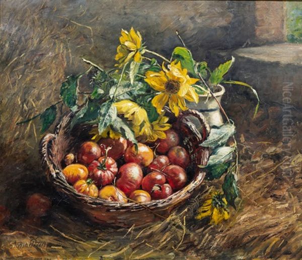 Erntestilleben Mit Tomaten Und Zwiebeln In Einem Korb, Dahinter Ein Tonkrug Mit Sonnenblumen Oil Painting by Anna Peters