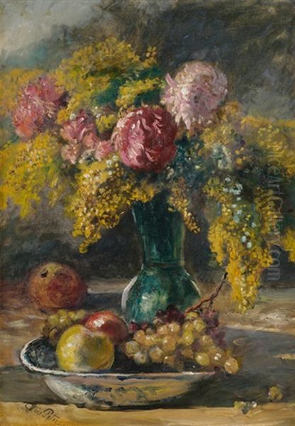 Stilleben Mit Blumen Und Fruchten In Einer Schale Oil Painting by Anna Peters