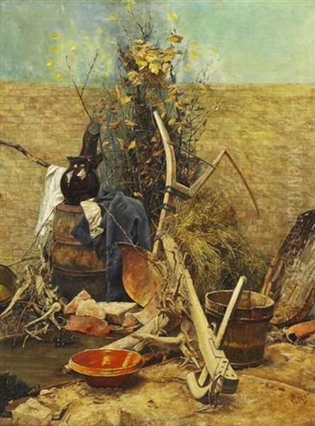 Garden Tools And Branches By A Wall Oil Painting by Anna Peters