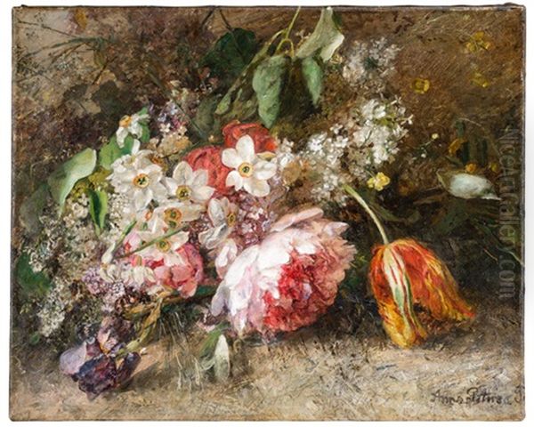 Sommerliches Wiesenstilleben Mit Pfingstrosen, Tulpen, Narzissen Und Flieder Oil Painting by Anna Peters