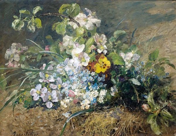 Sommerliches Wiesenstilleben Mit Apfelblutenzweig, Stiefmutterchen Und Vergissmeinnicht Oil Painting by Anna Peters