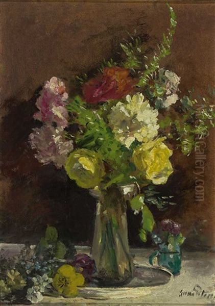 Bunter Blumenstraus In Jugendstilvase, Sonnig Beleuchtet Oil Painting by Anna Peters