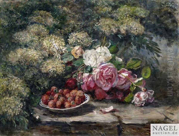 Stilleben Mit Pfingstrosen Und Erdbeeren In Einer Blau-weisen Schale Auf Einer Gartenmauer Oil Painting by Anna Peters