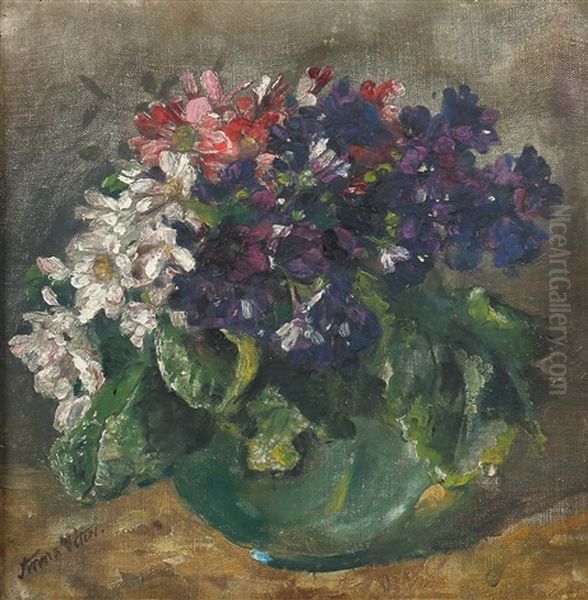 Stillleben Mit Bunten Fruhlingsblumen In Gruntoniger Kugelvase Oil Painting by Anna Peters