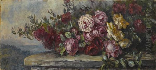 Rosenbouquet Auf Steinerner Balustrade Oil Painting by Anna Peters