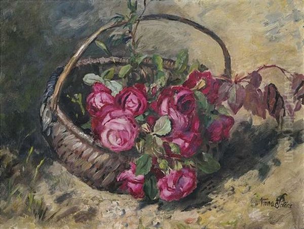 Rote Rosen In Einem Weidenkorb Oil Painting by Anna Peters