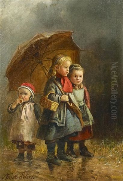 Drei Madchen Mit Regenschirm Oil Painting by Anna Peters