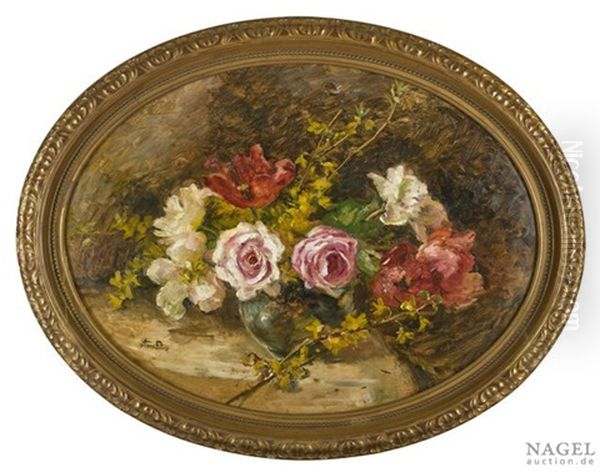 Blumenstilleben Mit Rosen, Mohn Und Zweigen In Einer Vase Oil Painting by Anna Peters