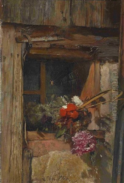 Sommerblumen In Der Fensterlaibung Eines Bauernhauses Oil Painting by Anna Peters