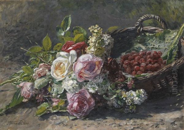 Blumenstillleben Mit Rosen Und Einem Weidenkorb Mit Himbeeren Oil Painting by Anna Peters