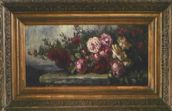 Stillleben Mit Rosen Auf Balustrade Vor Weiter Landschaft Oil Painting by Anna Peters