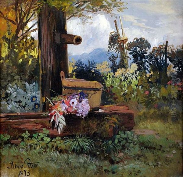 Sommerlicher Garten Mit Blumenbukett Und Holztrog An Einem Brunnen Oil Painting by Anna Peters