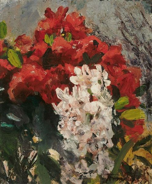 Weise Und Rote Rhododendronbluten Oil Painting by Anna Peters