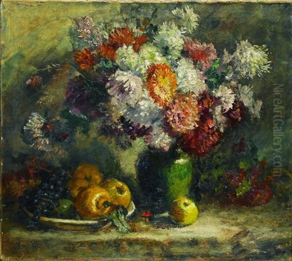 Blumenbouquet In Einer Vase Und Eine Schussel Mit Apfeln Oil Painting by Anna Peters