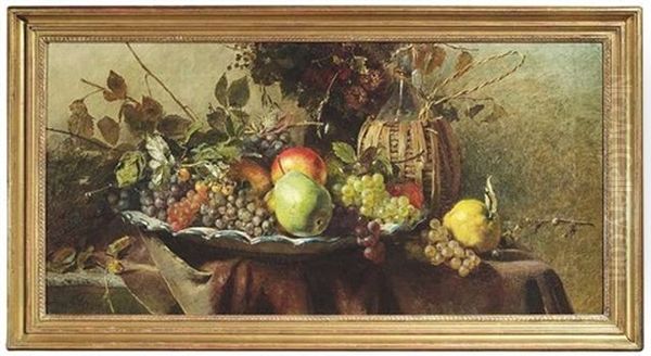 Stilleben Mit Trauben, Apfeln Und Birnen Auf Einer Buckelplatte. Dahinter Ein Blumenstraus Und Eine Korbflasche Oil Painting by Anna Peters