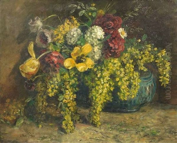 Sommerliches Blumenstilleben Mit Goldregen, Tulpen Und Ganseblumchen In Einer Kugelvase Oil Painting by Anna Peters