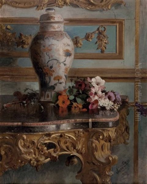 Stillleben Mit Chinesischer Deckelvase Und Blumenstraus Auf Konsoltisch Oil Painting by Anna Peters