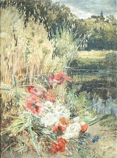 Arrangement Von Feldblumen Vor Sommerlichem Landschaftshintergrund Oil Painting by Anna Peters