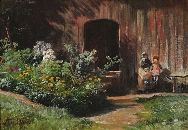 Fruhlingsidylle - Mutter Mit Ihren Tochtern Im Garten Oil Painting by Anna Peters