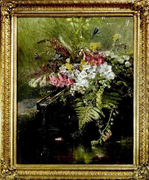 Blumenbouquet Aus Bunten Wiesenblumen Auf Der Steinernen Umfassungsmauer Eines Teiches Oil Painting by Anna Peters