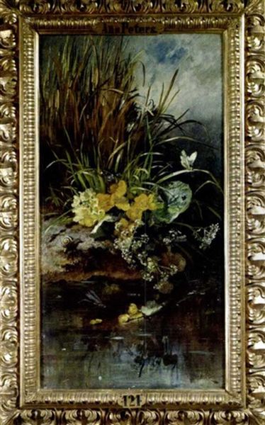 Schilfbewachsenes Seeufer Mit Vergismeinicht, Scharfgarben, Sumpfdotterblumen Und Schlusselblumen Oil Painting by Anna Peters