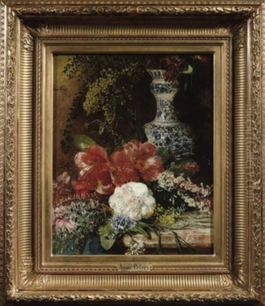 Arrangement Von Sommerblumen Mit Delfter Vase Auf Einer Marmorplatte Oil Painting by Anna Peters