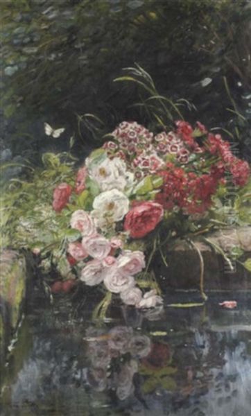 Blumenbouquet Aus Heckenrosen Und Floks Auf Der Steinernen Umfassungsmauer Eines Teiches Oil Painting by Anna Peters