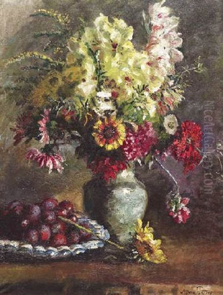 Blumenstraus Mit Gladiolen Und Sonnenblumen. Daneben Eine Schale Mit Pflaumen Oil Painting by Anna Peters