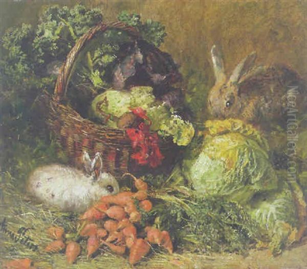 Zwei Hasen Haben Die Leckerbissen Eines Gefullten Gemusekorbes Entdeckt Oil Painting by Anna Peters