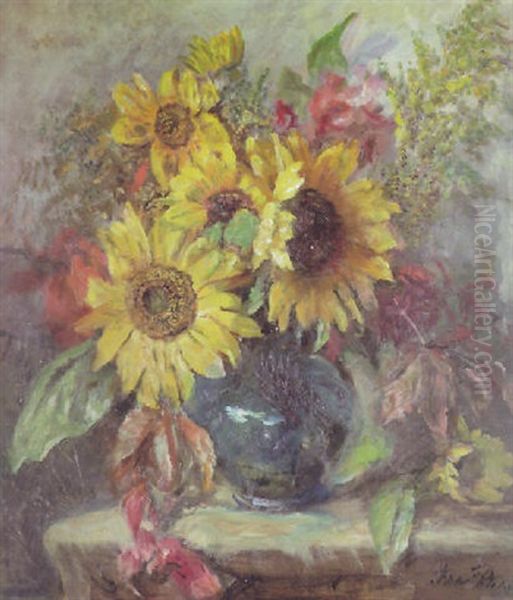 Sonnenblumen Und Gefarbtes Weinlaub In Einer Vase Oil Painting by Anna Peters