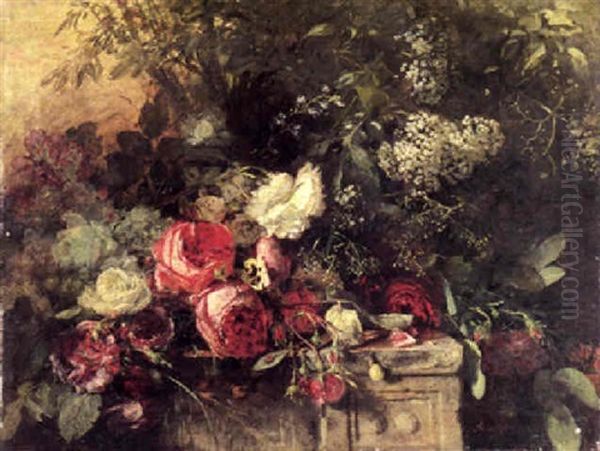 Aufgebluhte Rosen Uber Einem Steinsockel Oil Painting by Anna Peters