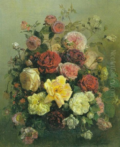 Rosenbouquet Vor Graulichbraunem Hintergrund Oil Painting by Anna Peters