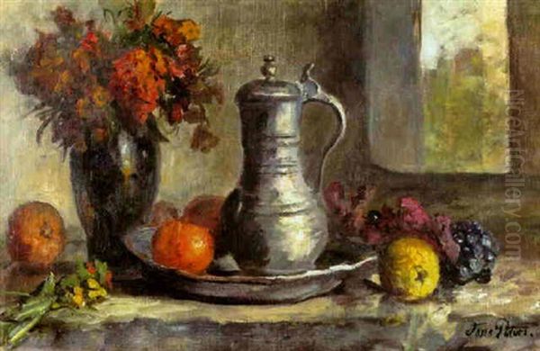 Stilleben Mit Herbstblumen, Fruchten Und Zinnkanne Oil Painting by Anna Peters