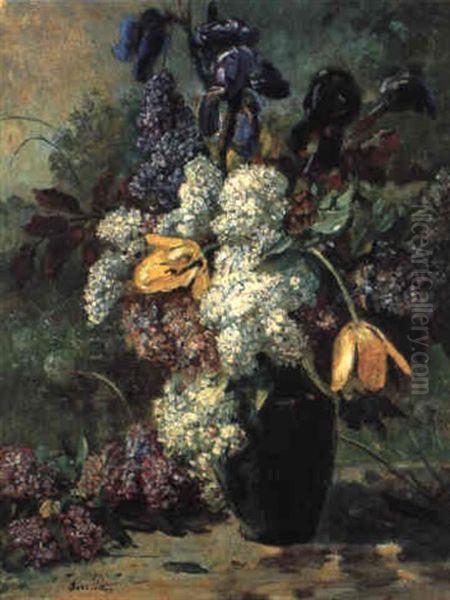 Blumenstilleben Mit Flieder, Schwertlilien Und Tulpen Oil Painting by Anna Peters