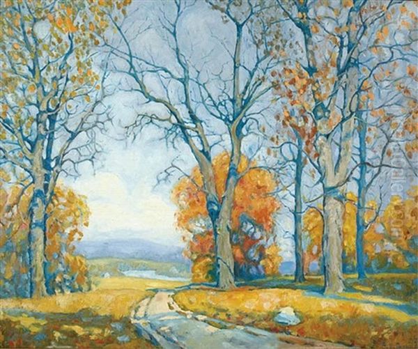 Sun-filled Autumn Landscape With Dirt Road Oil Painting by Bernard E. Peters