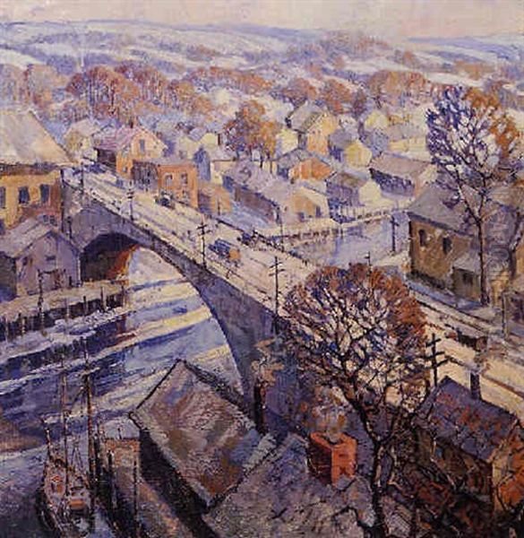 Aerial View Of City In Winter Oil Painting by Bernard E. Peters