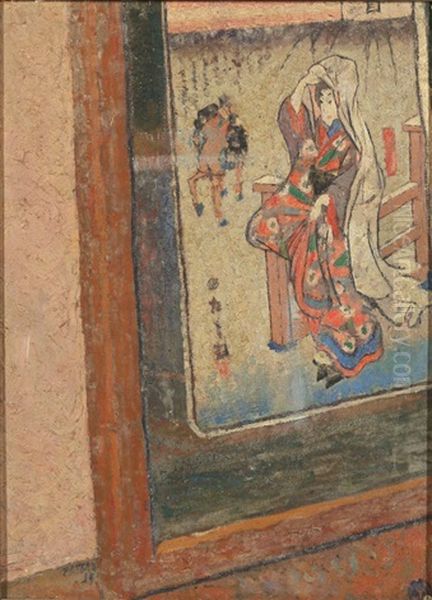 Japanese Geisha Woodblock Oil Painting by Charles Rollo Peters