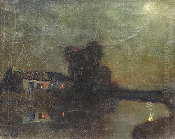 Nocturnal Scene With Adobe Under A Full Moon Oil Painting by Charles Rollo Peters