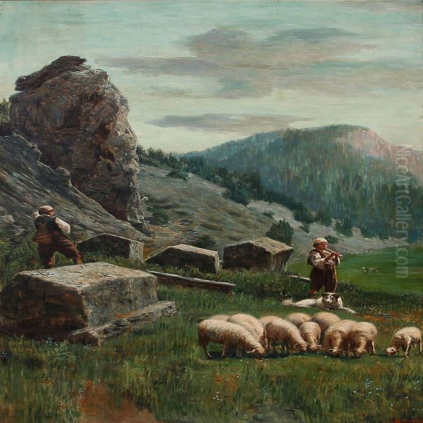 Shepherds In The Mountains With Their Sheep Oil Painting by Spiro Bocarie