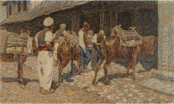 A Turkish Han Oil Painting by Spiro Bocarie