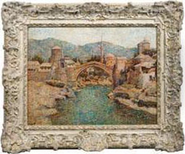 Alte Brucke In Mostar Oil Painting by Spiro Bocarie