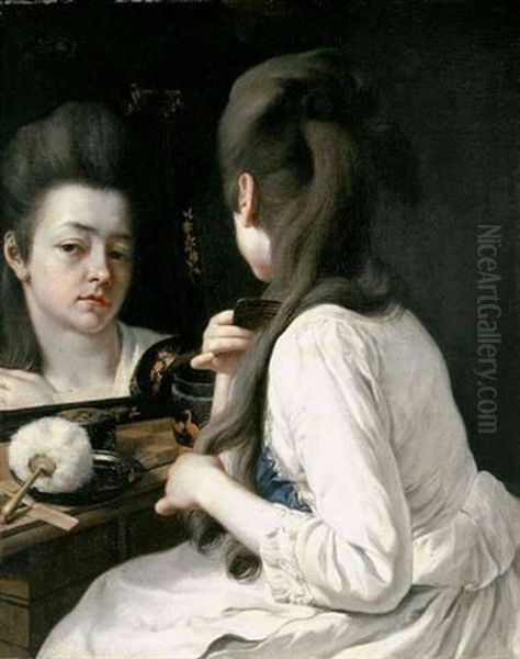 A Young Lady At Her Dresser Before A Mirror Oil Painting by Jean Antoine de Peters