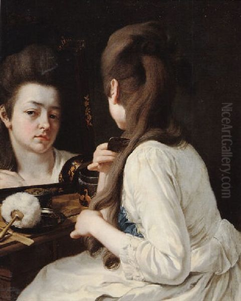 A Young Lady Seated With Her Back Turned And Looking At Herself In A Mirror Oil Painting by Johann Anton de Peters