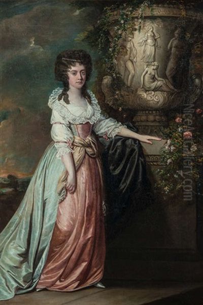 Portrait Of A Lady, Standing Beside The Medici Vase, In A Landscape, A Castle In The Distance Oil Painting by Rev. Matthew William Peters