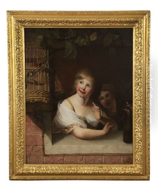 Two Young Girls At A Window Ledge, Looking At A Caged Jay Oil Painting by Rev. Matthew William Peters