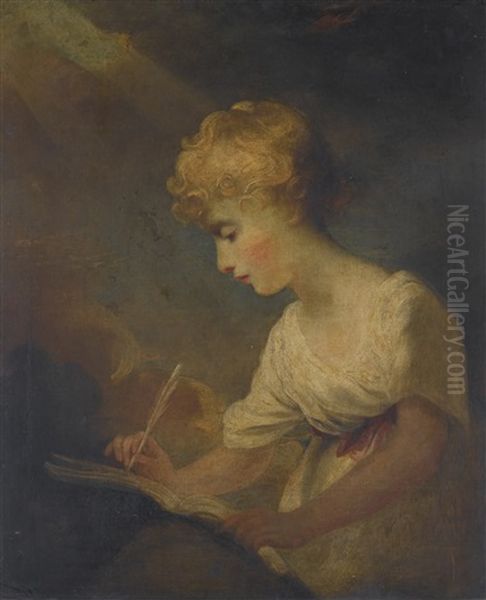 Study Of A Girl Writing Oil Painting by Rev. Matthew William Peters