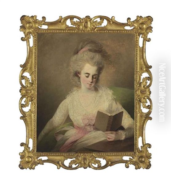 A Young Lady In A White Dress With Pink Bows, Seated At A Table, Reading A Book Oil Painting by Rev. Matthew William Peters