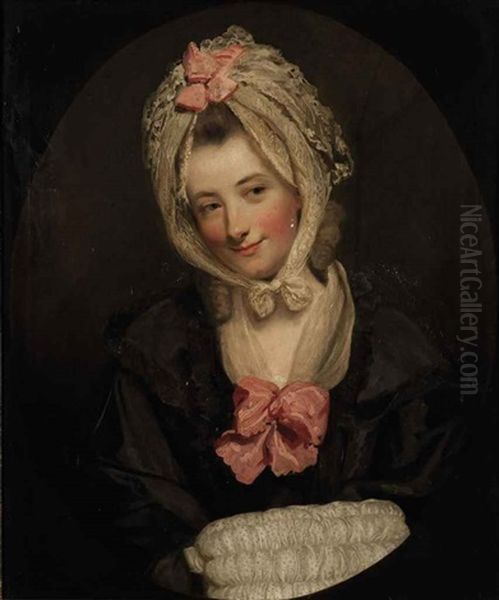 Portrait Of A Lady In A Black Dress, With Lace Muff And Headdress, Decorated With Pink Bows Oil Painting by Rev. Matthew William Peters