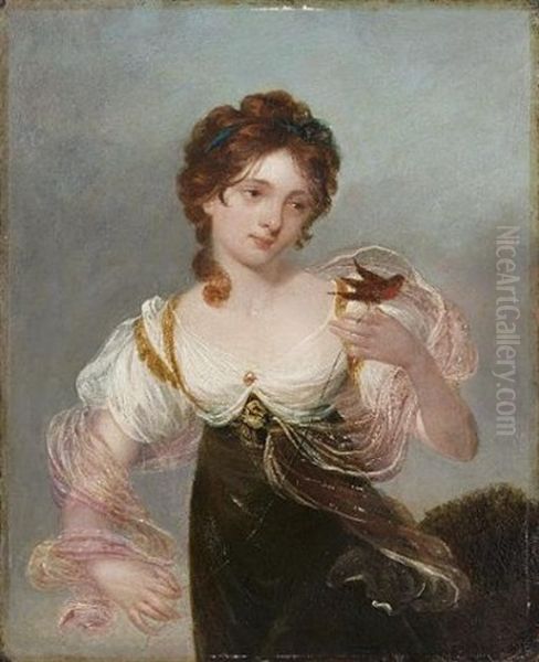 Portrait Of A Lady In A Landscape Holding A Tethered Robin Oil Painting by Rev. Matthew William Peters