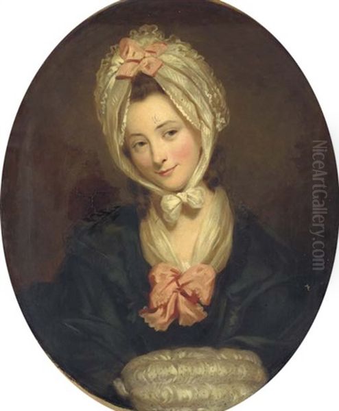 Portrait Of A Lady In A Black Dress With Pink Bow And A Lace Cap And Muff Oil Painting by Rev. Matthew William Peters